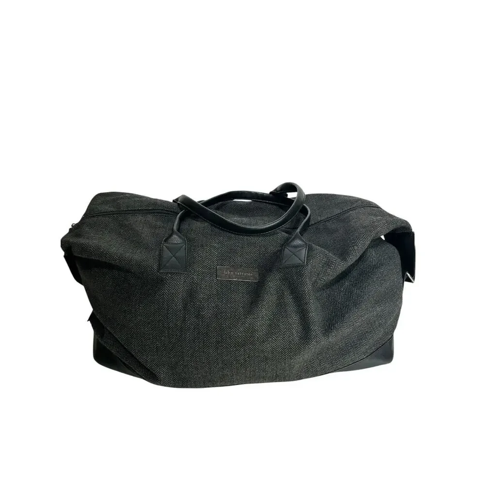 John Varvatos Gray Herringbone Weekender Duffel Travel Bag Faux Leather Trim